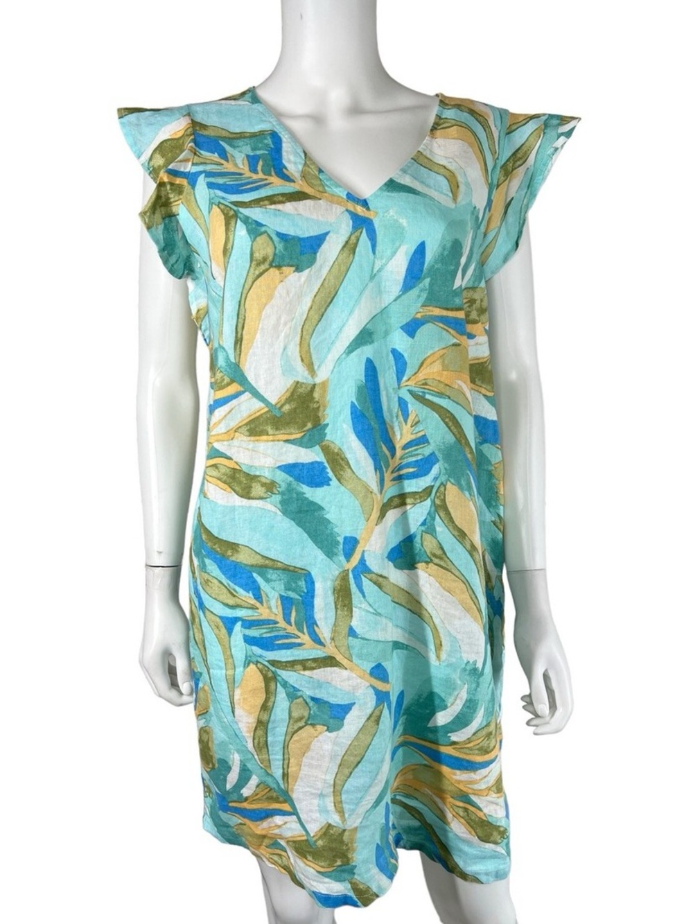 Rachel Zoe 100% Linen Shift Dress Tropical Blue Green Flutter Sleeve XL NWOT